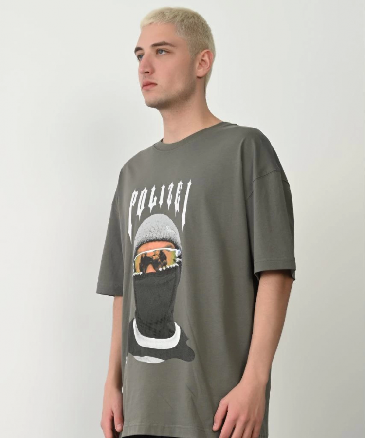 Unisex Baskılı Bisiklet Yaka Oversize T-Shirt - Füme