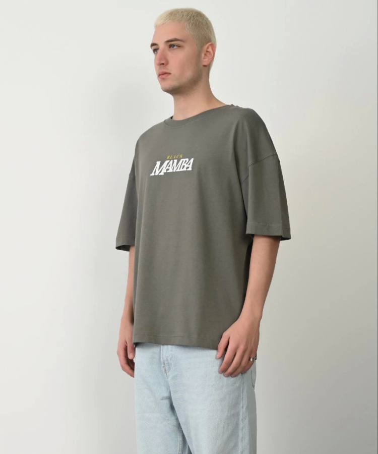 Unisex Baskılı Bisiklet Yaka Oversize T-Shirt - Füme