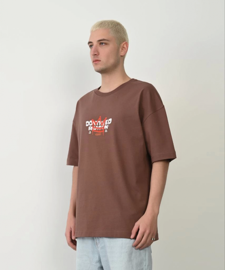 Unisex Baskılı Bisiklet Yaka Oversize T-Shirt - Mürdüm