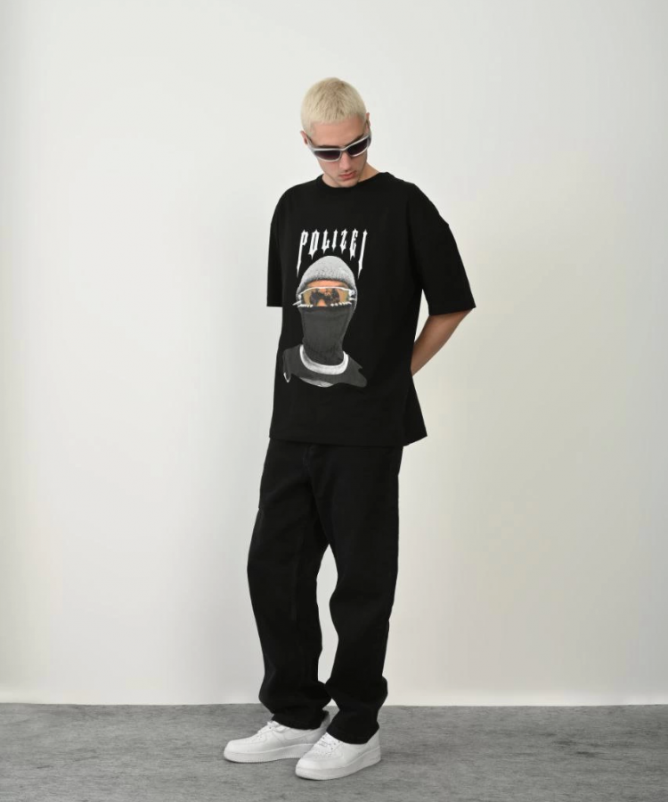 Unisex Baskılı Bisiklet Yaka Oversize T-Shirt - Siyah