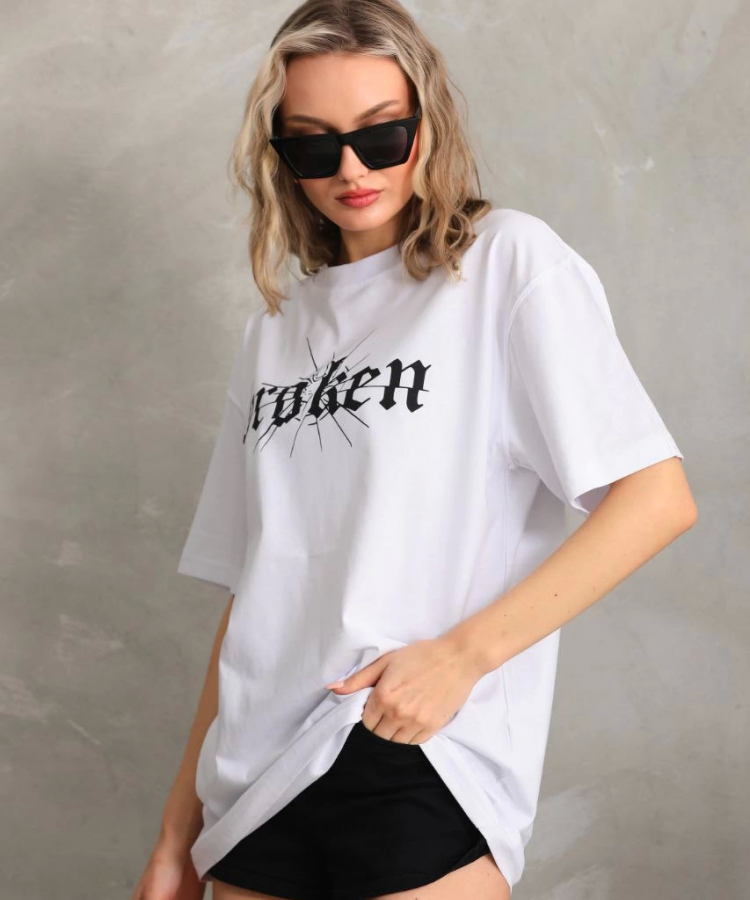 Unisex Baskılı Oversize T-Shirt - Beyaz