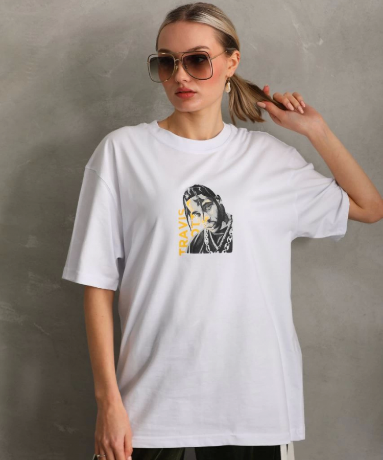 Unisex Baskılı Oversize T-Shirt - Beyaz