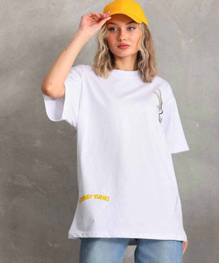 Unisex Baskılı Oversize T-Shirt - Beyaz