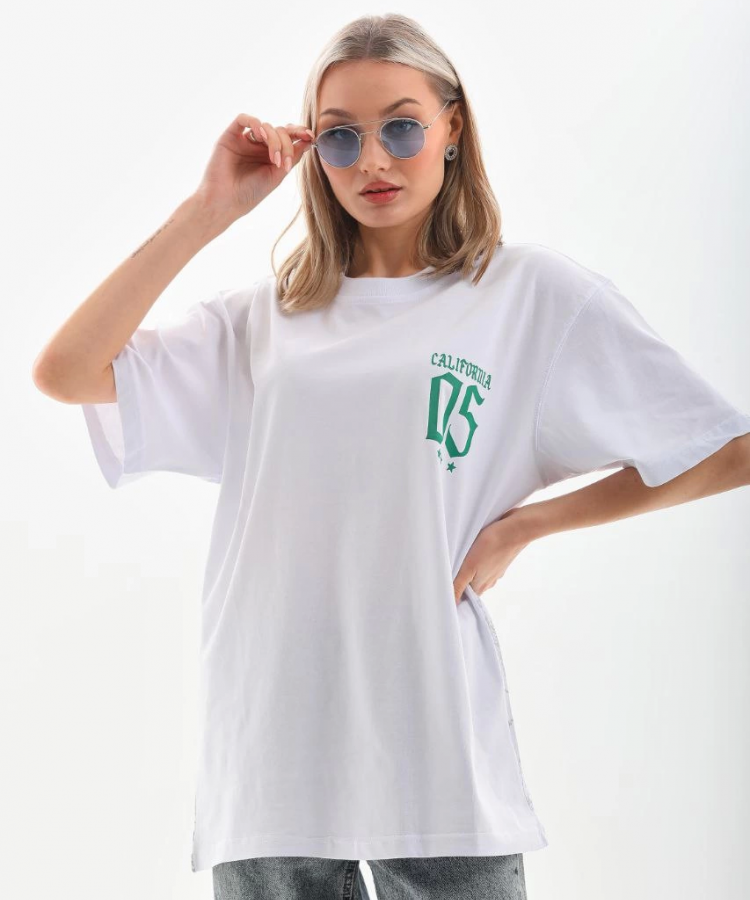 Unisex Baskılı Oversize T-Shirt - Beyaz