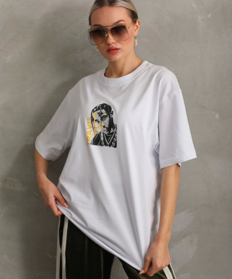 Unisex Baskılı Oversize T-Shirt - Beyaz