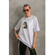 Unisex Baskılı Oversize T-Shirt - Beyaz