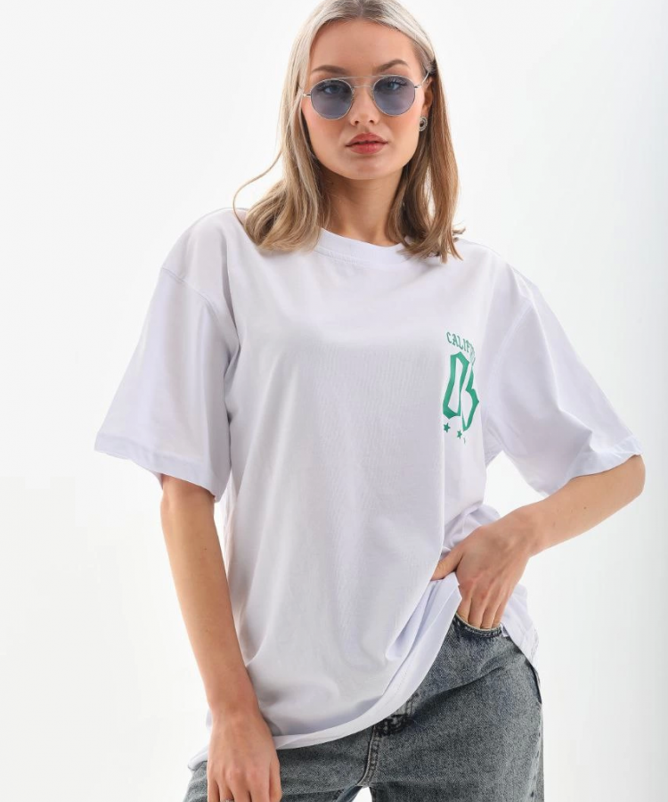 Unisex Baskılı Oversize T-Shirt - Beyaz