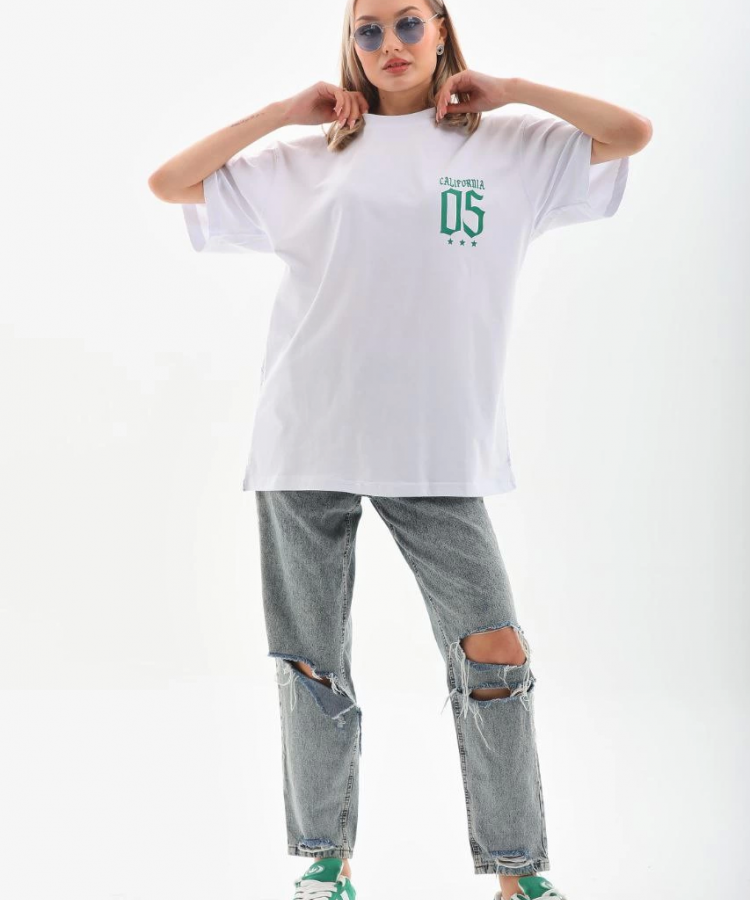 Unisex Baskılı Oversize T-Shirt - Beyaz