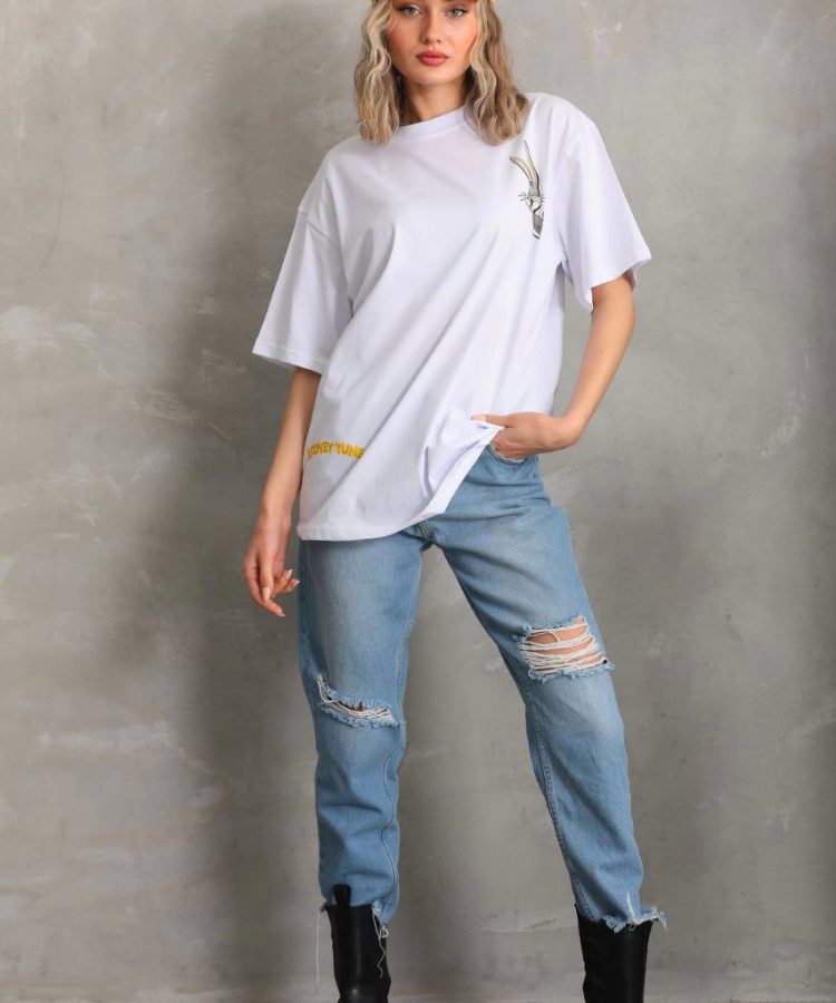 Unisex Baskılı Oversize T-Shirt - Beyaz