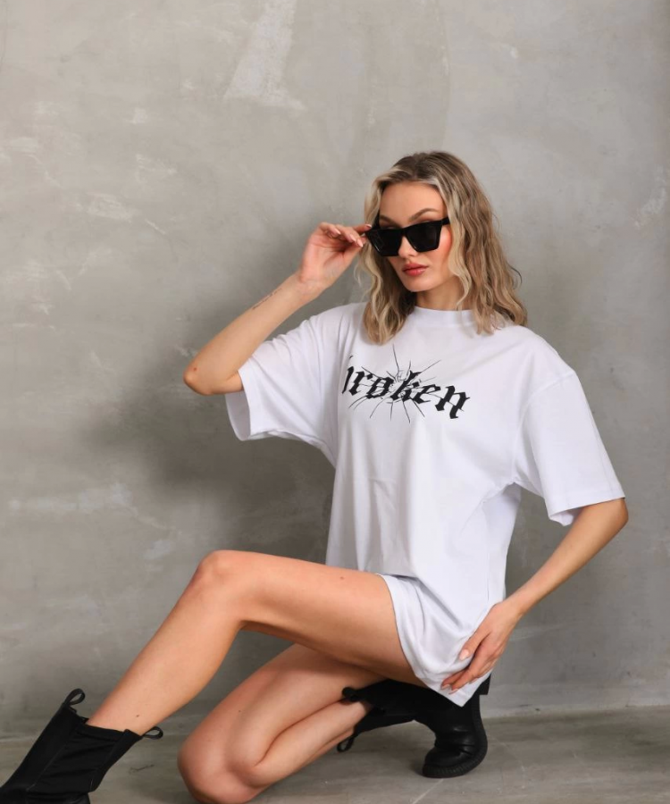 Unisex Baskılı Oversize T-Shirt - Beyaz