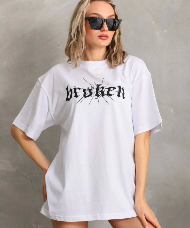 Unisex Baskılı Oversize T-Shirt - Beyaz