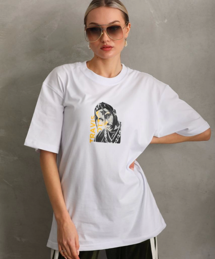 Unisex Baskılı Oversize T-Shirt - Beyaz