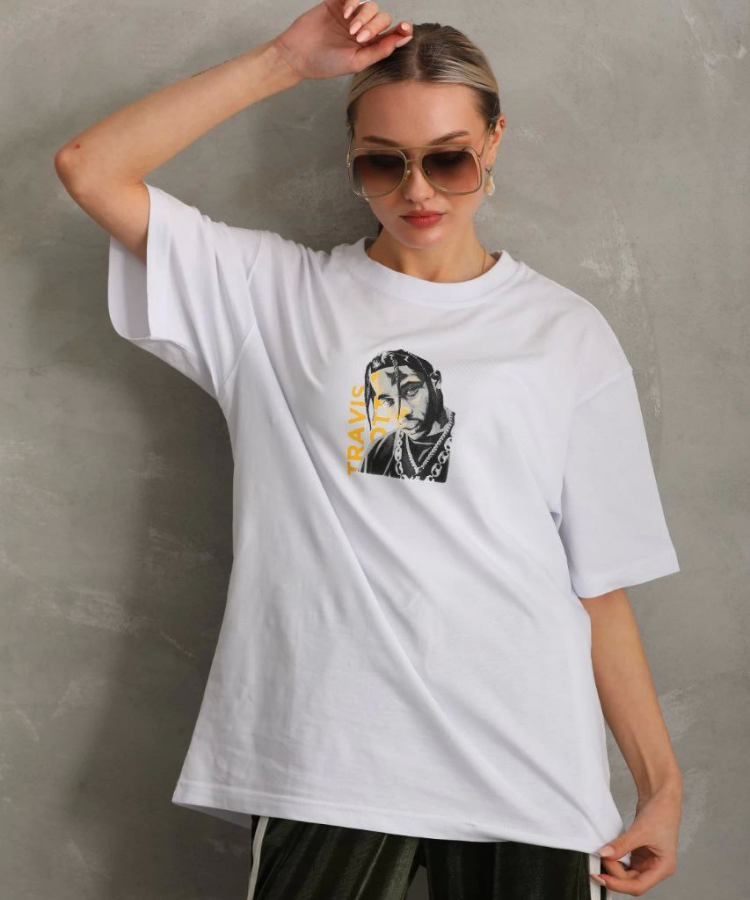 Unisex Baskılı Oversize T-Shirt - Beyaz