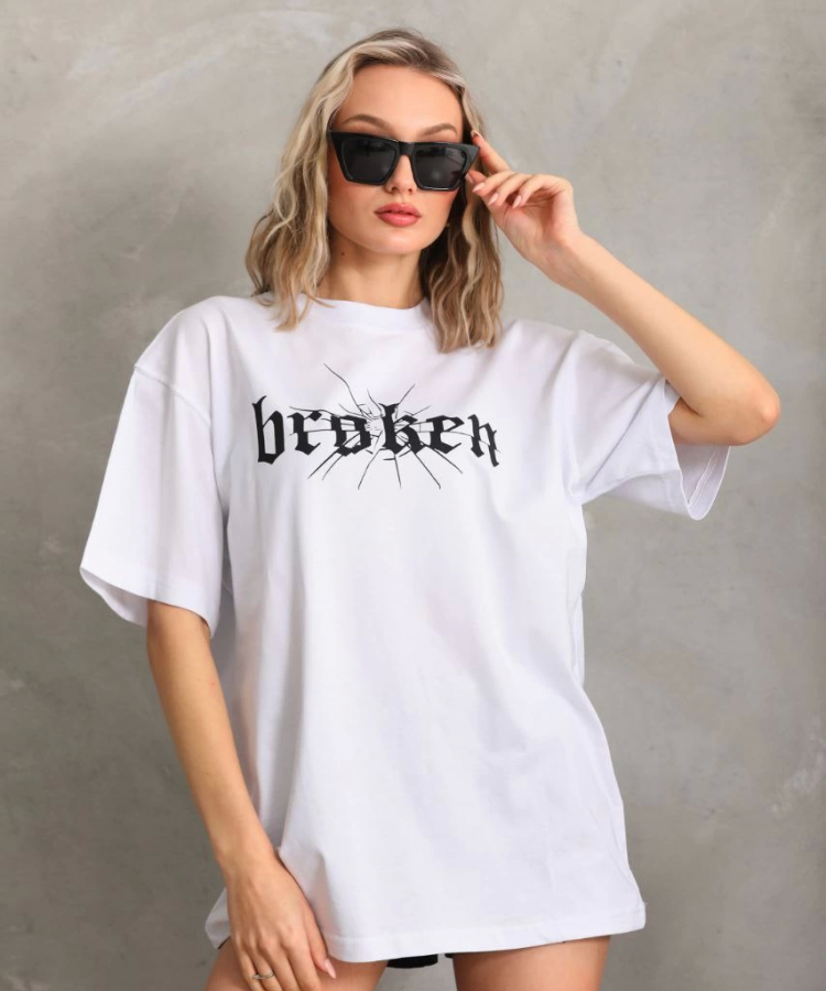 Unisex Baskılı Oversize T-Shirt - Beyaz