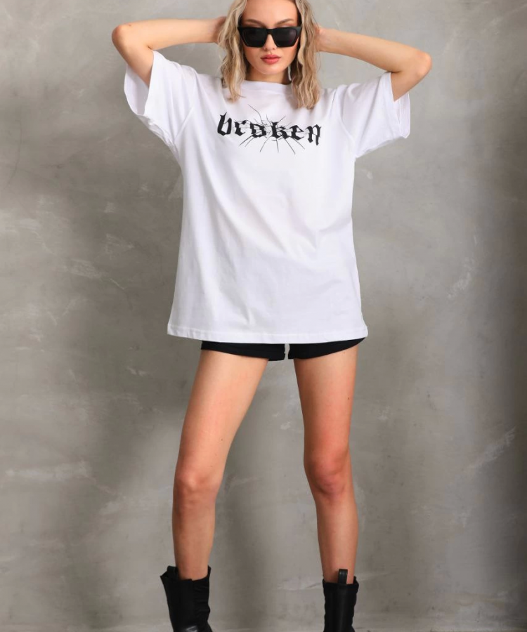 Unisex Baskılı Oversize T-Shirt - Beyaz