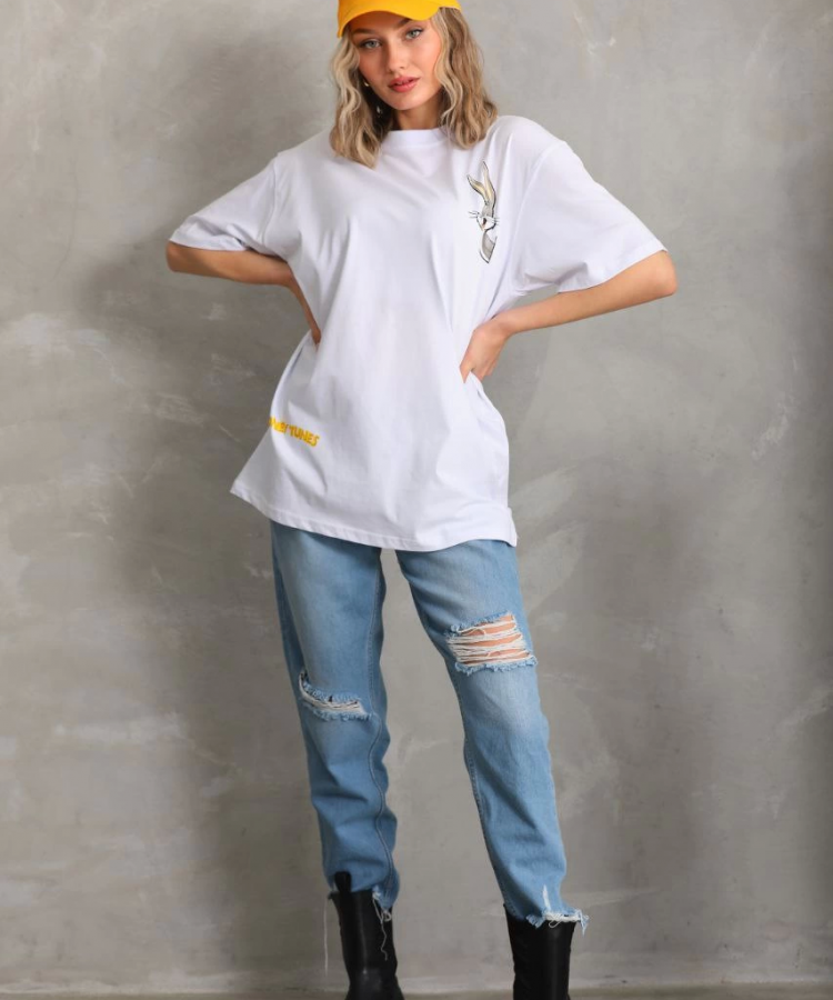 Unisex Baskılı Oversize T-Shirt - Beyaz