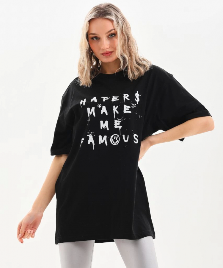 Unisex Baskılı Oversize T-Shirt - Siyah