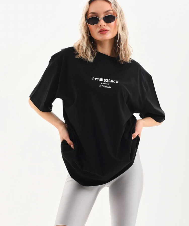 Unisex Baskılı Oversize T-Shirt - Siyah