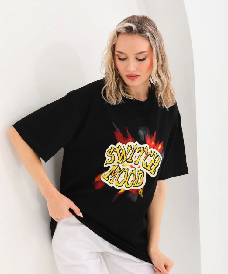 Unisex Baskılı Oversize T-Shirt - Siyah