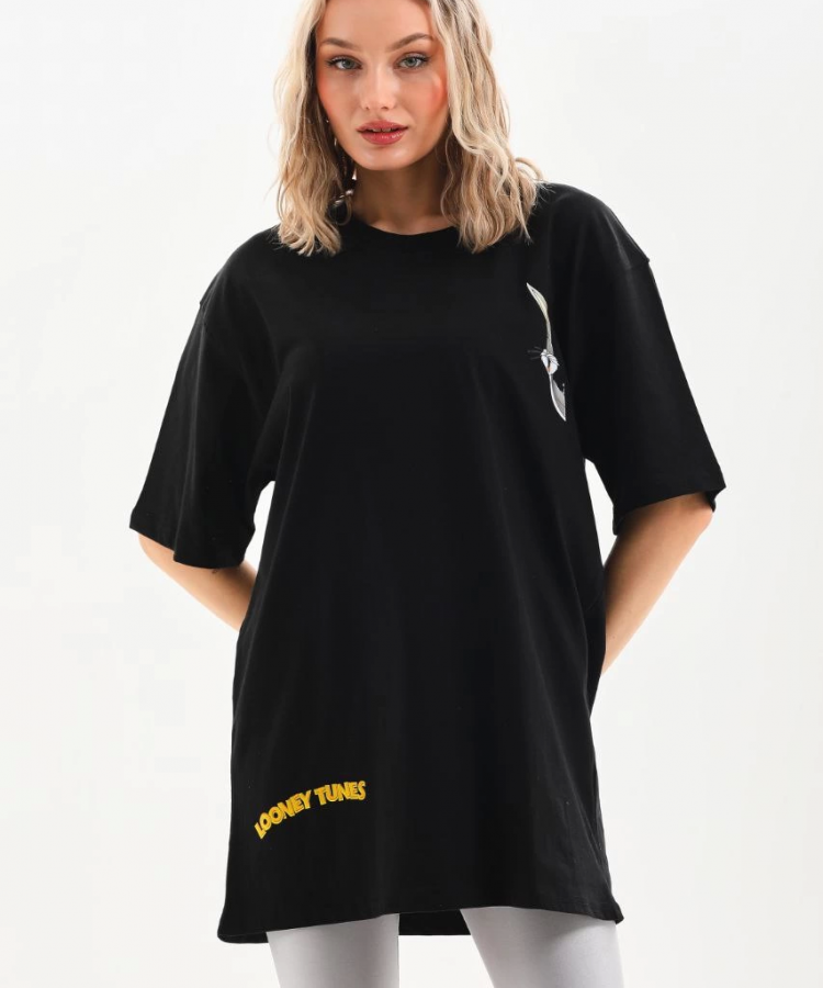 Unisex Baskılı Oversize T-Shirt - Siyah