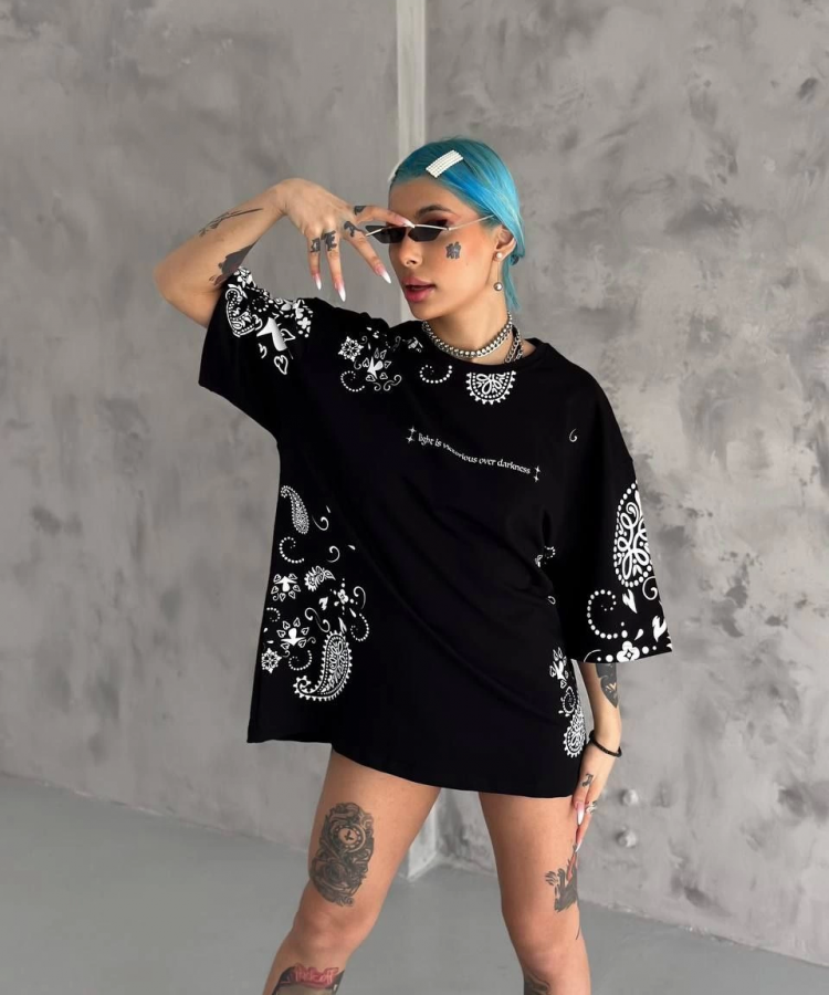 Unisex Baskılı Oversize T-Shirt - Siyah