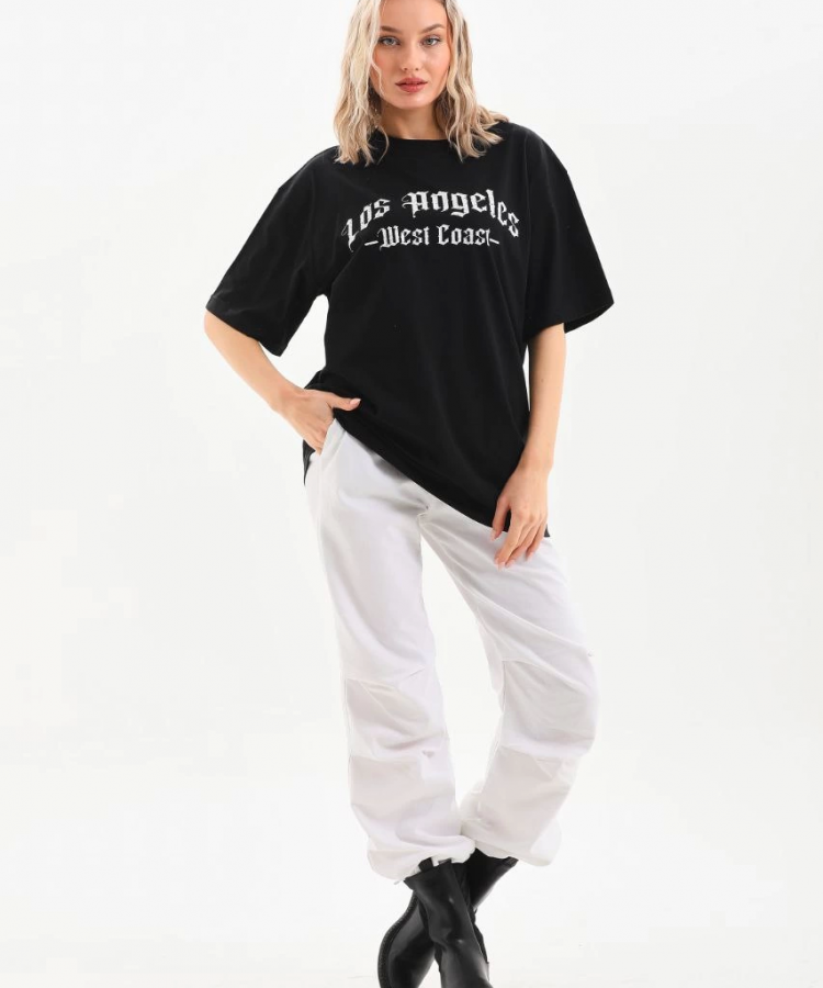 Unisex Baskılı Oversize T-Shirt - Siyah