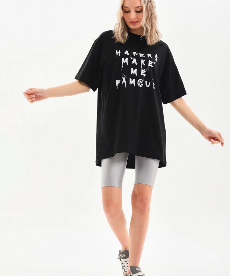 Unisex Baskılı Oversize T-Shirt - Siyah