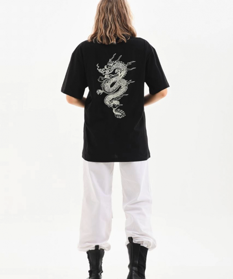 Unisex Baskılı Oversize T-Shirt - Siyah