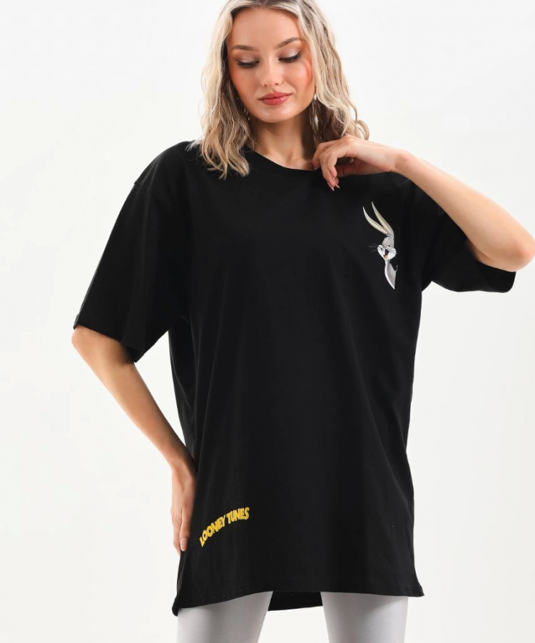 Unisex Baskılı Oversize T-Shirt - Siyah