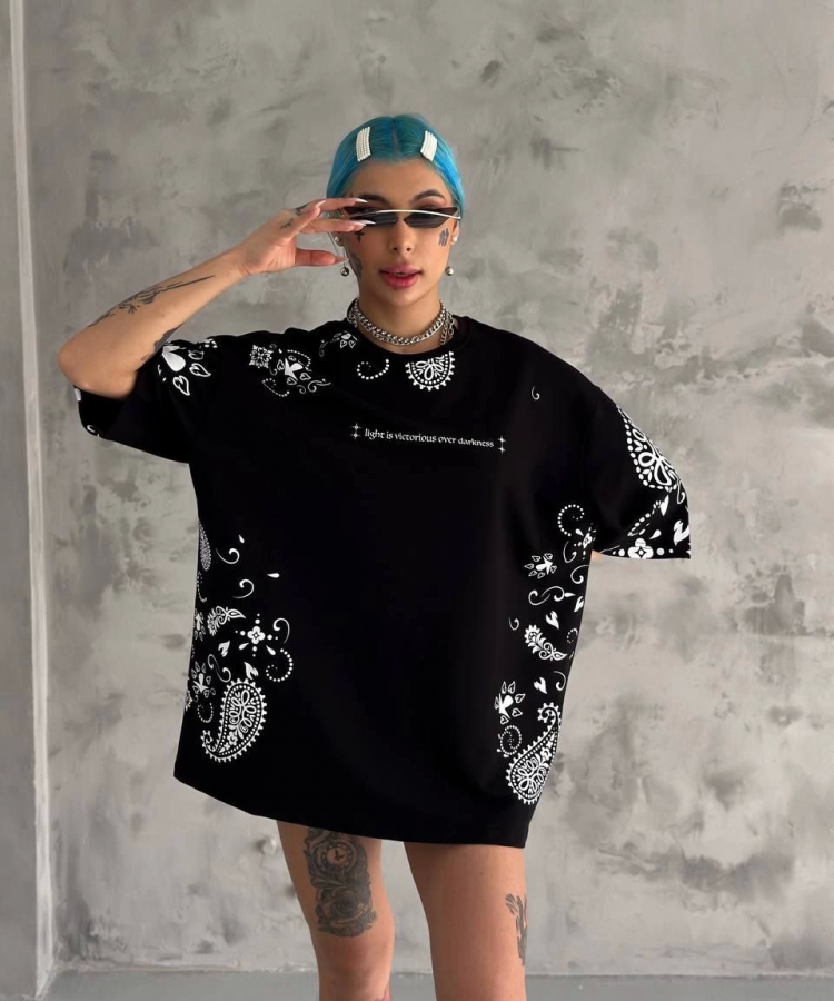 Unisex Baskılı Oversize T-Shirt - Siyah