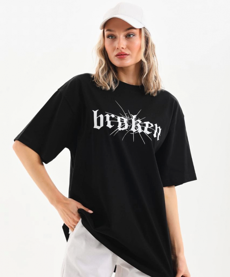 Unisex Baskılı Oversize T-Shirt - Siyah