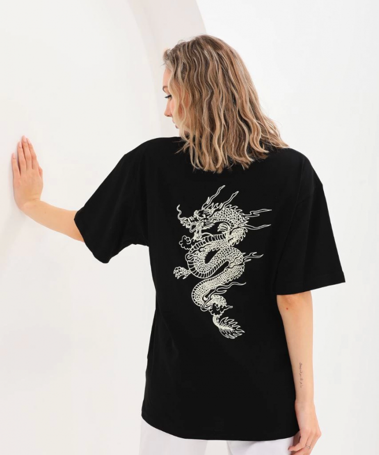 Unisex Baskılı Oversize T-Shirt - Siyah