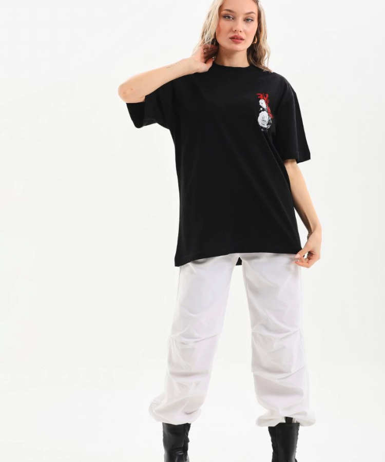 Unisex Baskılı Oversize T-Shirt - Siyah