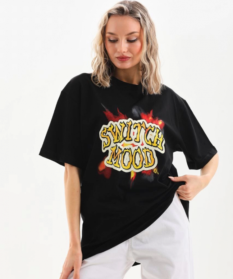 Unisex Baskılı Oversize T-Shirt - Siyah