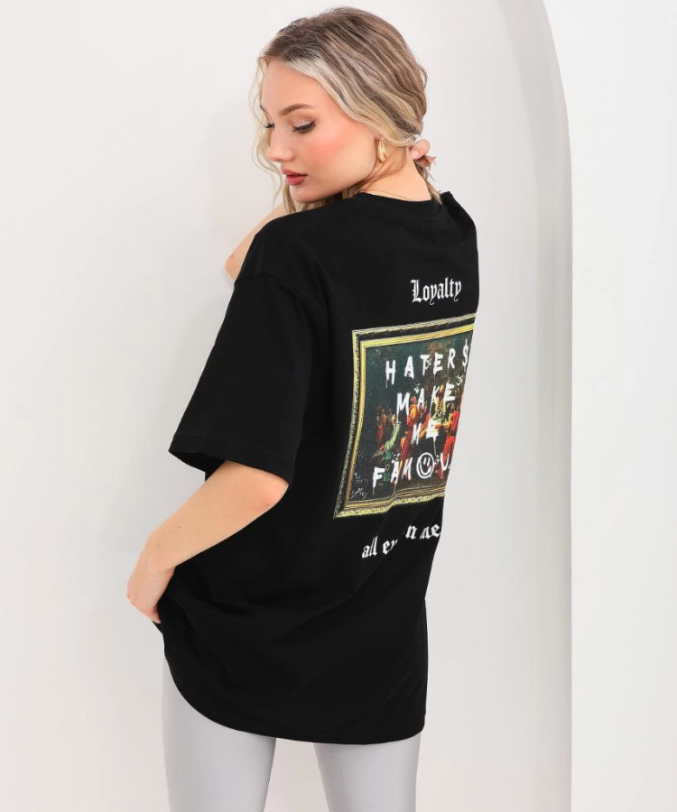 Unisex Baskılı Oversize T-Shirt - Siyah