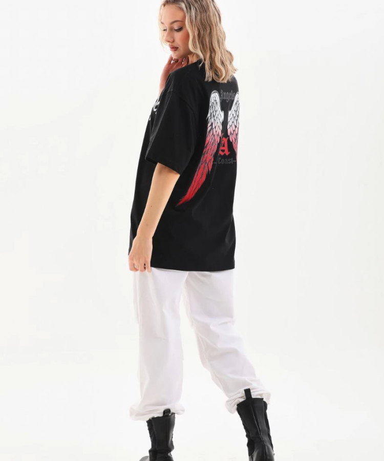 Unisex Baskılı Oversize T-Shirt - Siyah