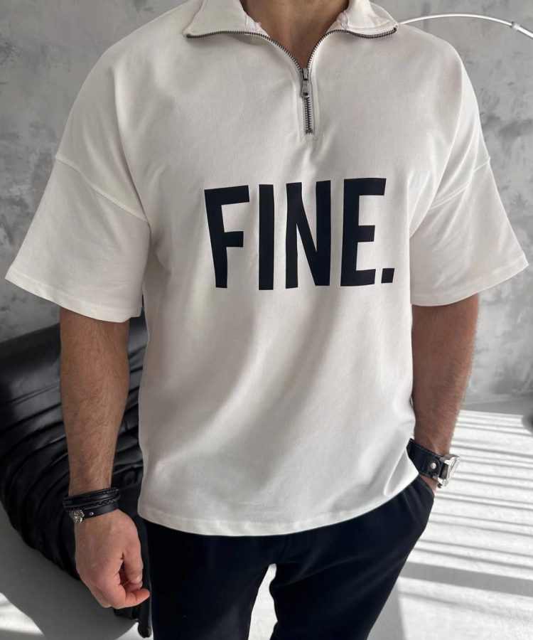 Unisex Baskılı Yarım Fermuarlı T-Shirt - Beyaz