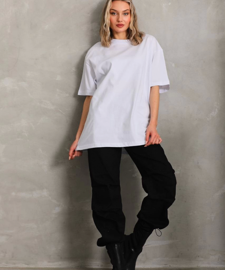 Unisex Bisiklet Yaka 20/1 Düz Oversize T-Shirt - Beyaz