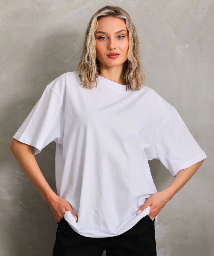 Unisex Bisiklet Yaka 20/1 Düz Oversize T-Shirt - Beyaz