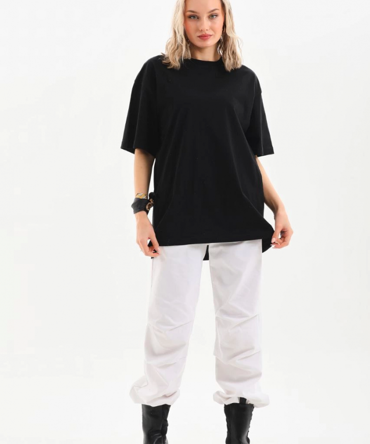 Unisex Bisiklet Yaka 20/1 Düz Oversize T-Shirt - Siyah