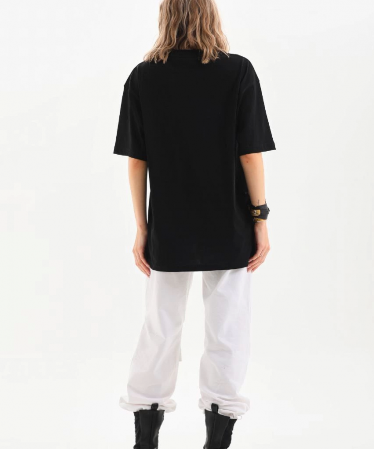 Unisex Bisiklet Yaka 20/1 Düz Oversize T-Shirt - Siyah