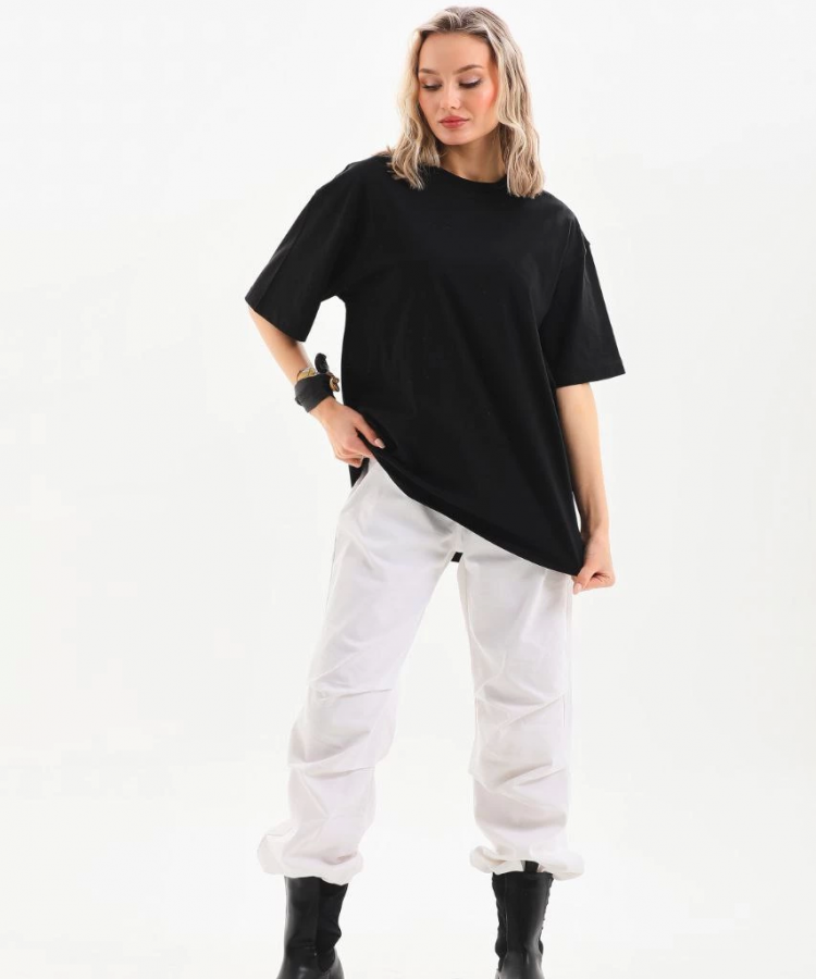 Unisex Bisiklet Yaka 20/1 Düz Oversize T-Shirt - Siyah