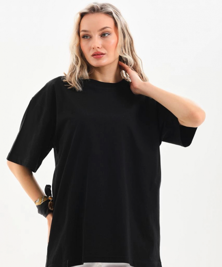 Unisex Bisiklet Yaka 20/1 Düz Oversize T-Shirt - Siyah