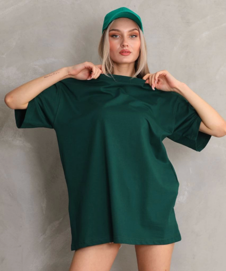 Unisex Bisiklet Yaka 20/1 Düz Oversize T-Shirt - Yeşil