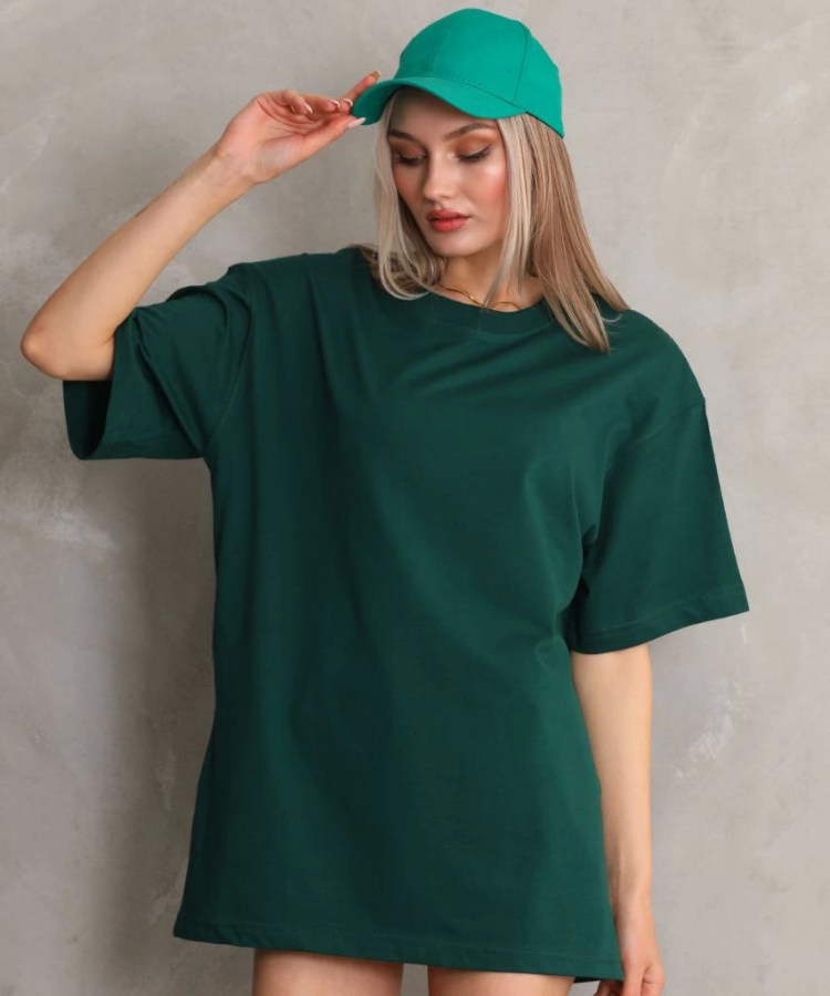 Unisex Bisiklet Yaka 20/1 Düz Oversize T-Shirt - Yeşil