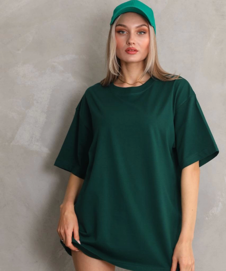 Unisex Bisiklet Yaka 20/1 Düz Oversize T-Shirt - Yeşil