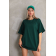 Unisex Bisiklet Yaka 20/1 Düz Oversize T-Shirt - Yeşil