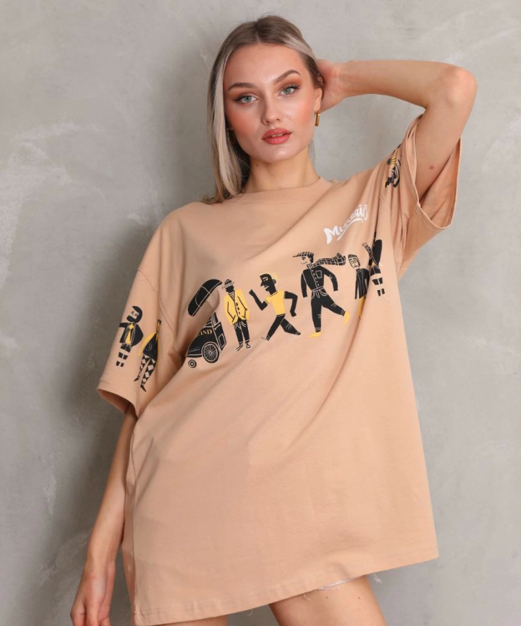 Unisex Bisiklet Yaka Baskılı Oversize T-Shirt - Bej