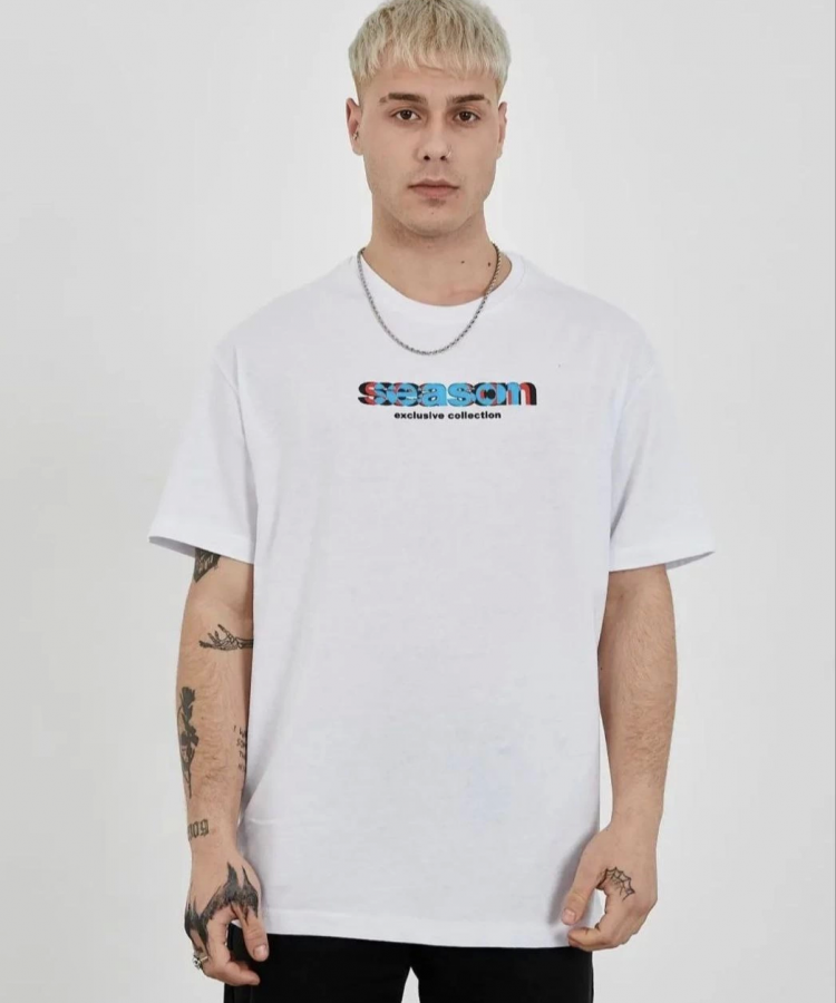 Unisex Bisiklet Yaka Baskılı Oversize T-Shirt - Beyaz