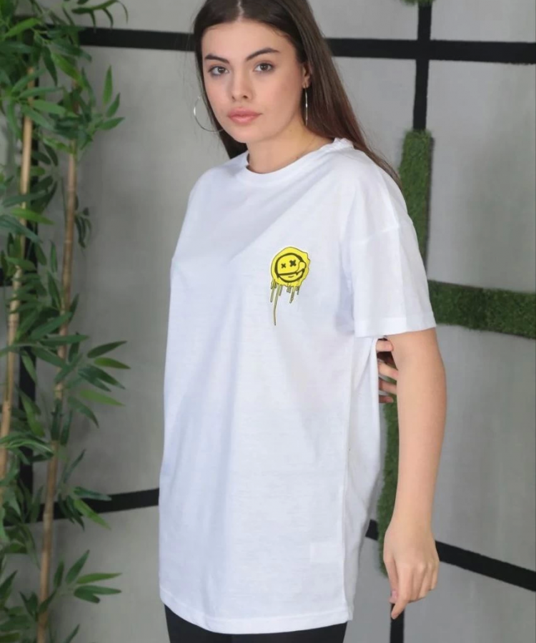 Unisex Bisiklet Yaka Baskılı Oversize T-Shirt - Beyaz